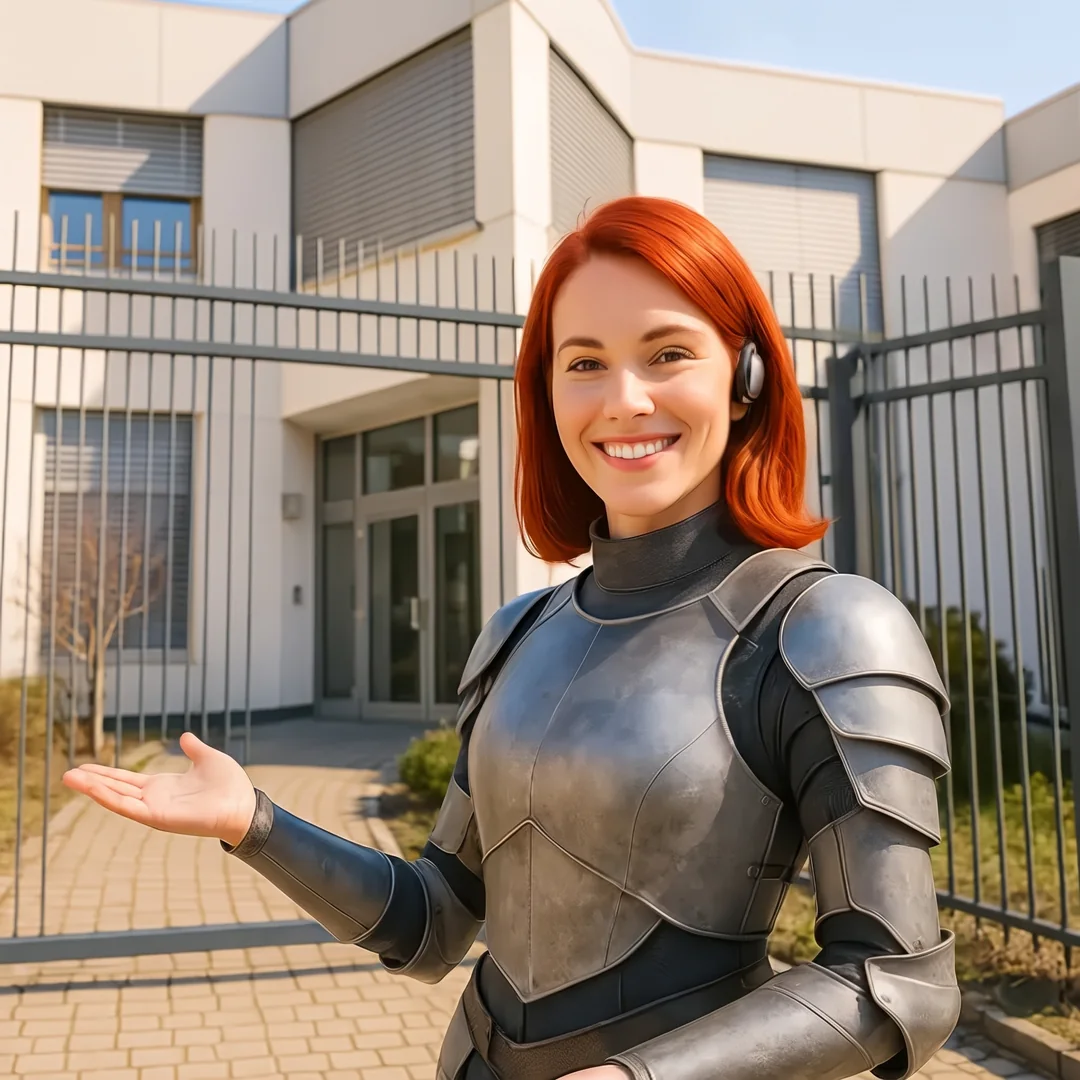 Frau in Ritterrüstung mit Headset steht mit einladender Handbewegung vor einem Bürogebäude mit Metallzaun
